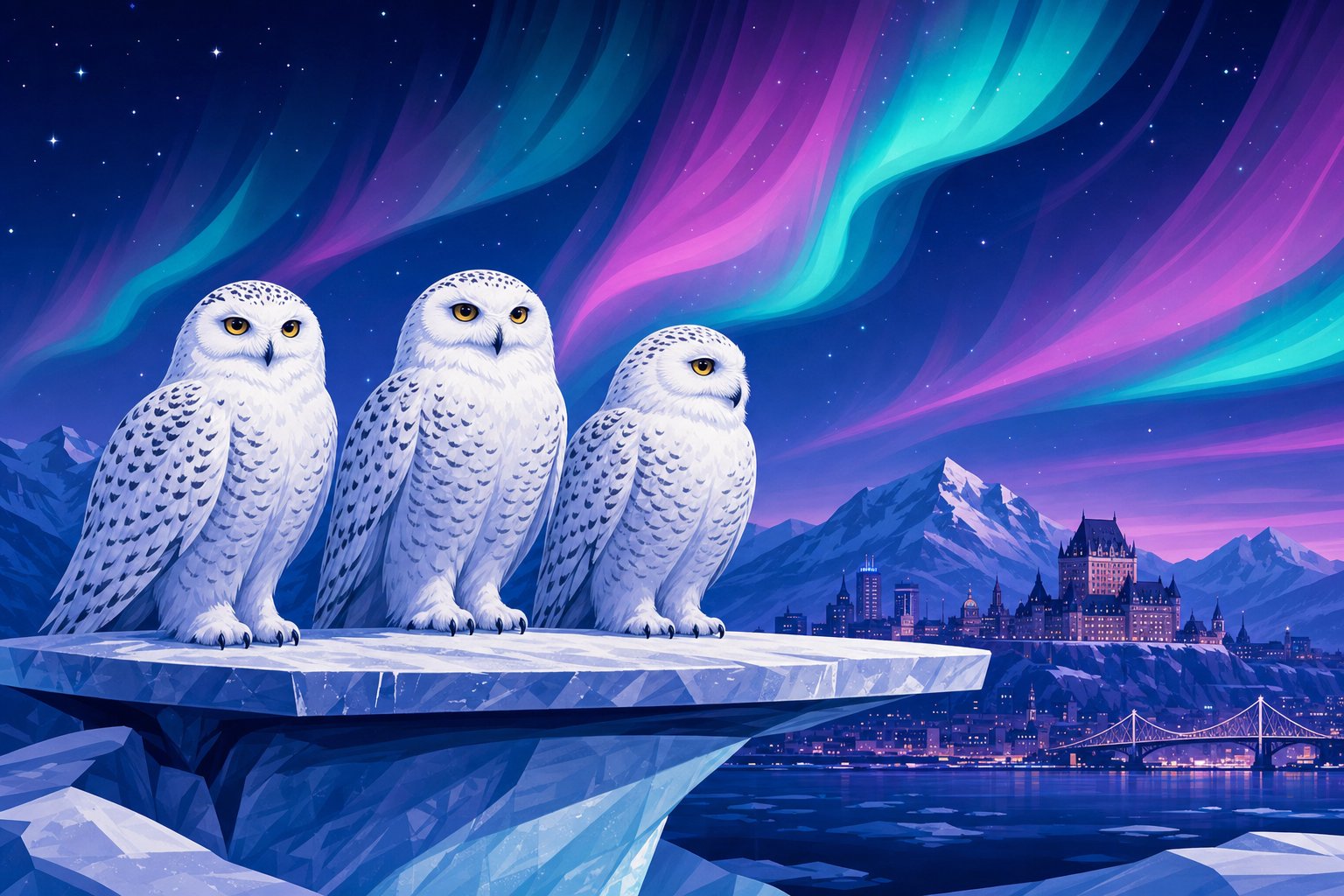Illustration de trois harfangs des neiges perchés ensemble comme une équipe, représentant l'équipe éditoriale du site