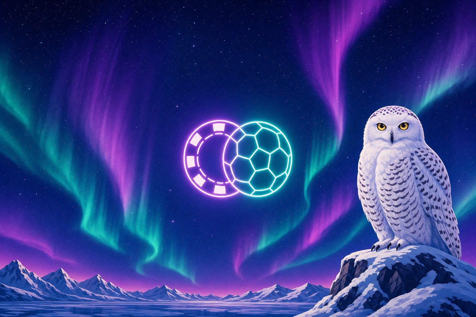 Illustration d'un harfang des neiges près d'un jeton de casino et d'un ballon de soccer lumineux, représentant le casino et les paris sportifs combinés de Betway
