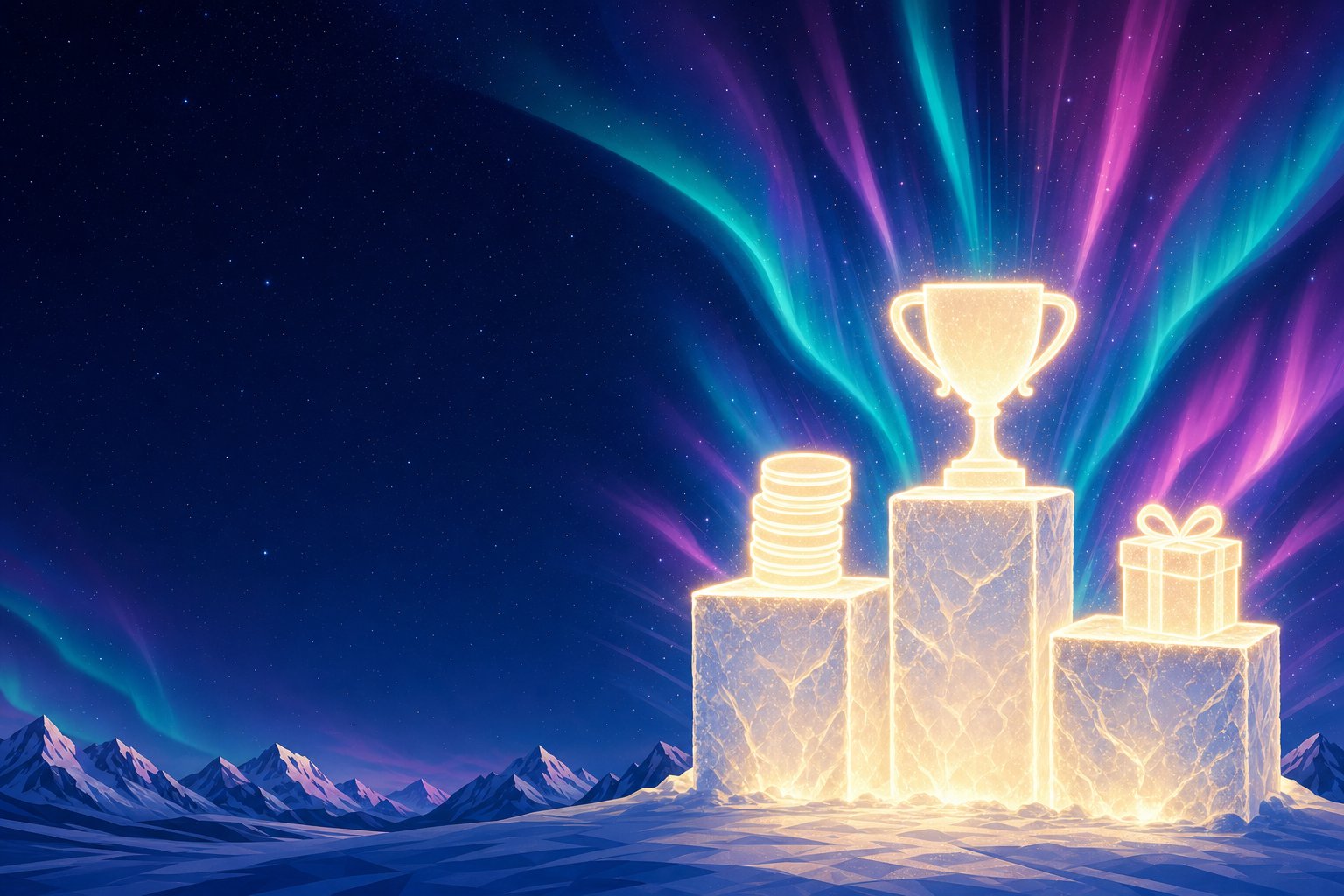 Illustration d'un podium de glace lumineux à trois marches surmonté d'un trophée, de jetons de casino et d'une boîte-cadeau sous l'aurore boréale, représentant les 3 meilleurs bonus de casino classés au Québec