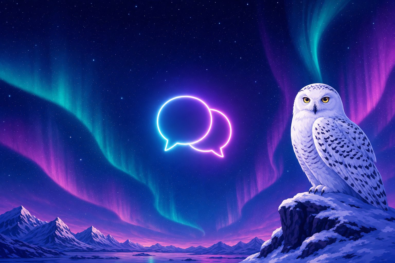 Illustration d'un harfang des neiges près de deux bulles de dialogue lumineuses, représentant le support en direct de Casino Days