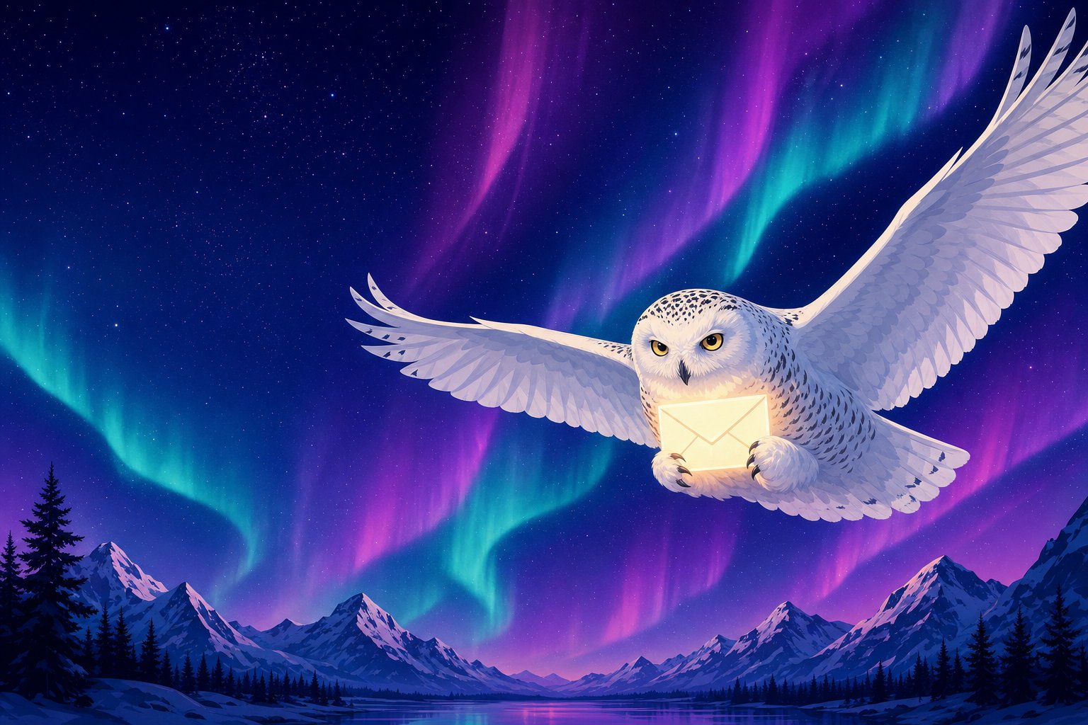 Illustration d'un harfang des neiges en vol transportant une icône d'enveloppe lumineuse, représentant le contact avec l'équipe éditoriale