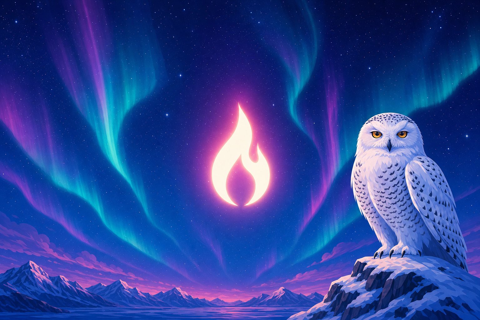 Illustration d'un harfang des neiges près d'une flamme lumineuse, représentant le catalogue en croissance rapide de Fire Vegas