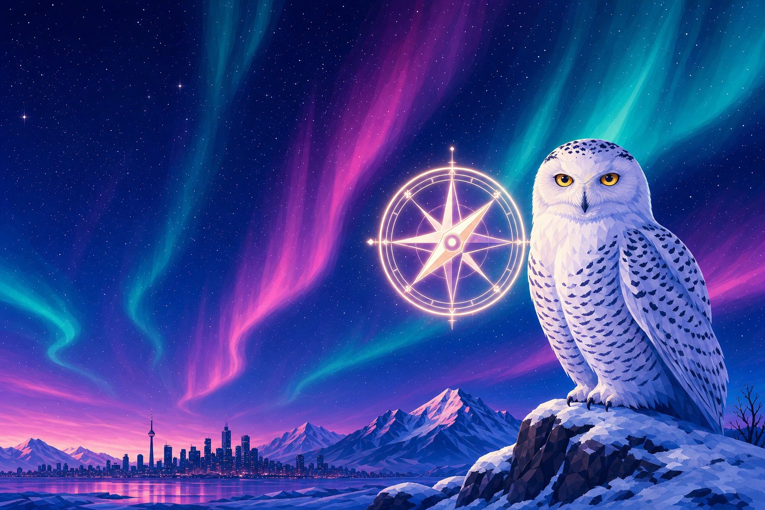 Un harfang des neiges perché sur un rocher enneigé près d'une icône de boussole lumineuse, avec une aurore boréale au-dessus d'une ville et de montagnes