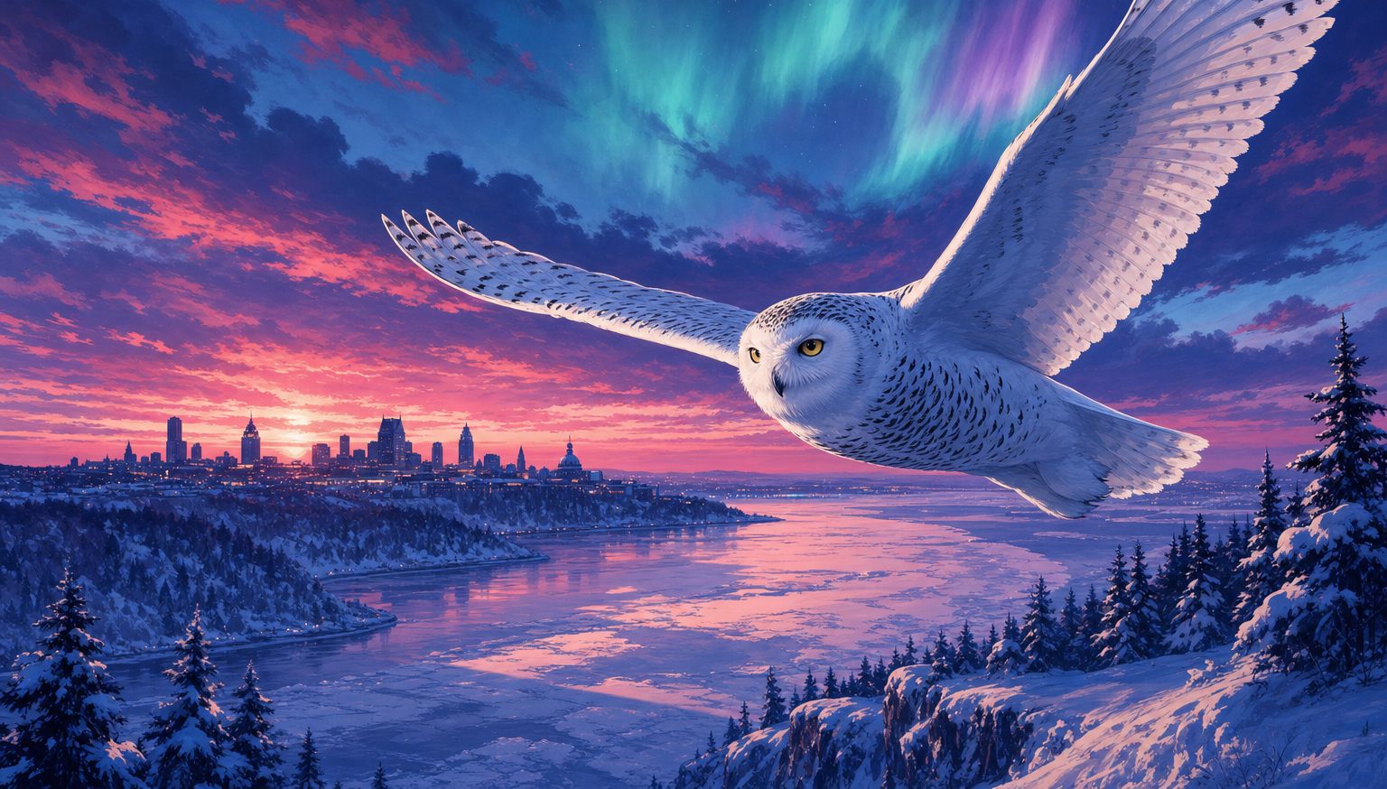 Un harfang des neiges survolant le fleuve Saint-Laurent gelé au crépuscule, avec une aurore boréale au-dessus de la silhouette d'une ville québécoise