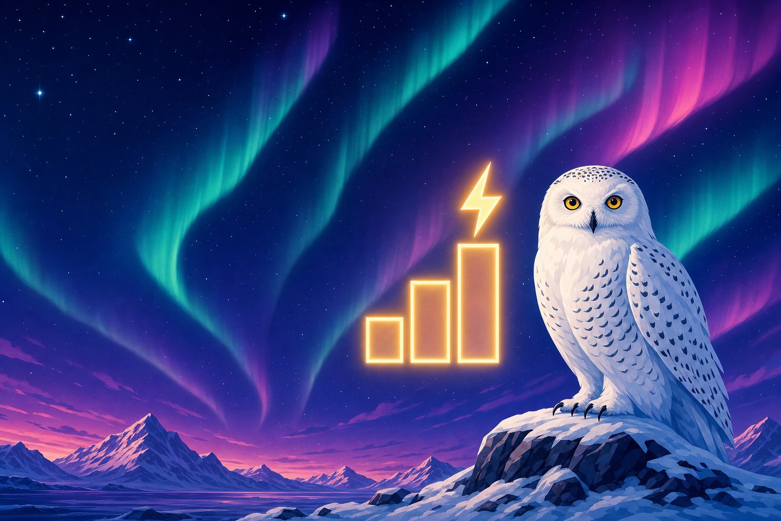 Illustration d'un harfang des neiges près de trois barres lumineuses de podium classées surmontées d'un éclair, représentant les casinos avec les retraits Interac les plus rapides