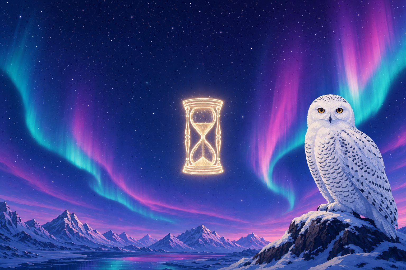 Illustration d'un harfang des neiges près d'un sablier lumineux, représentant la longue histoire de JackpotCity