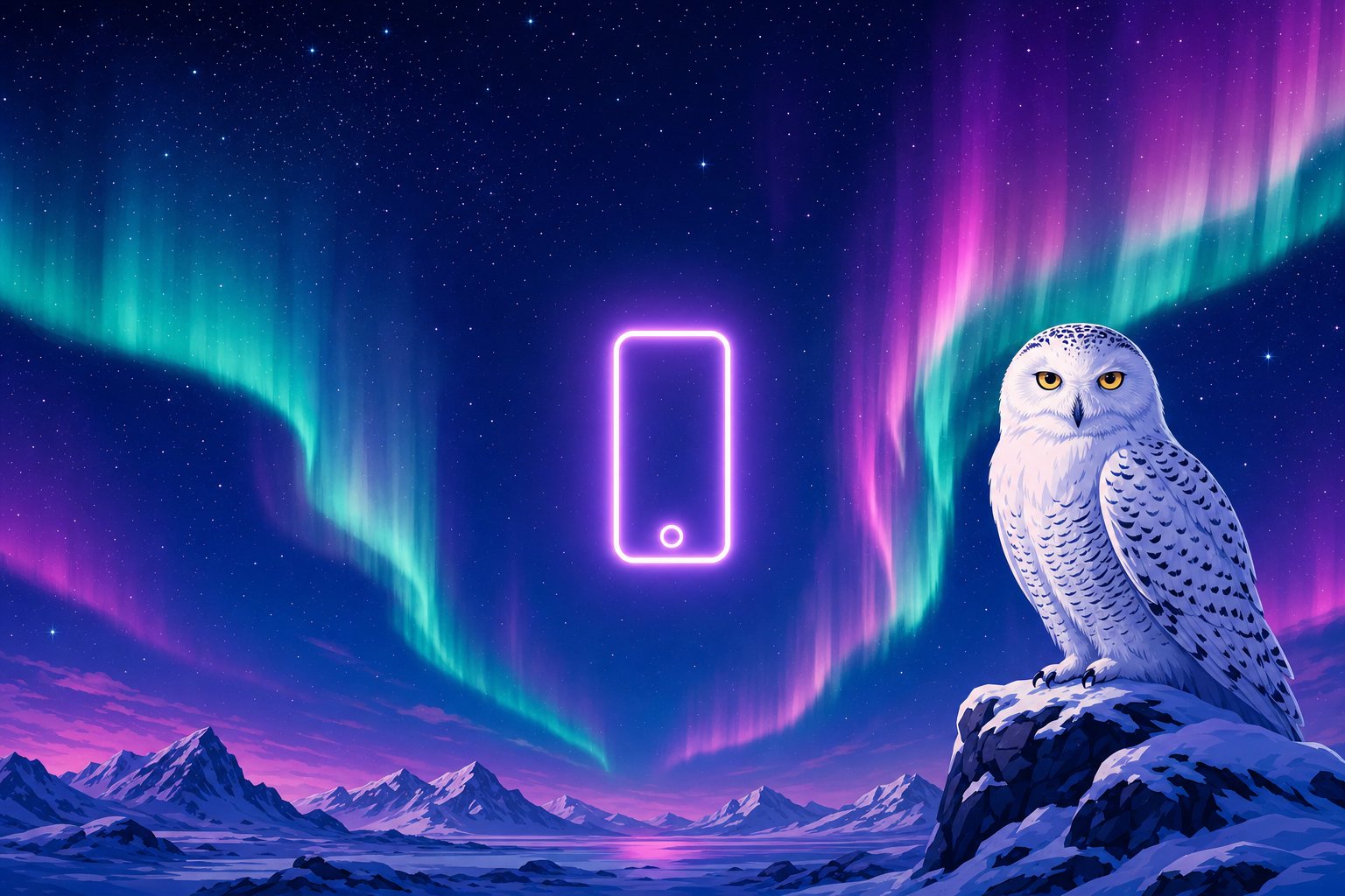 Illustration d'un harfang des neiges près d'un téléphone lumineux, représentant la plateforme pensée mobile de LeoVegas