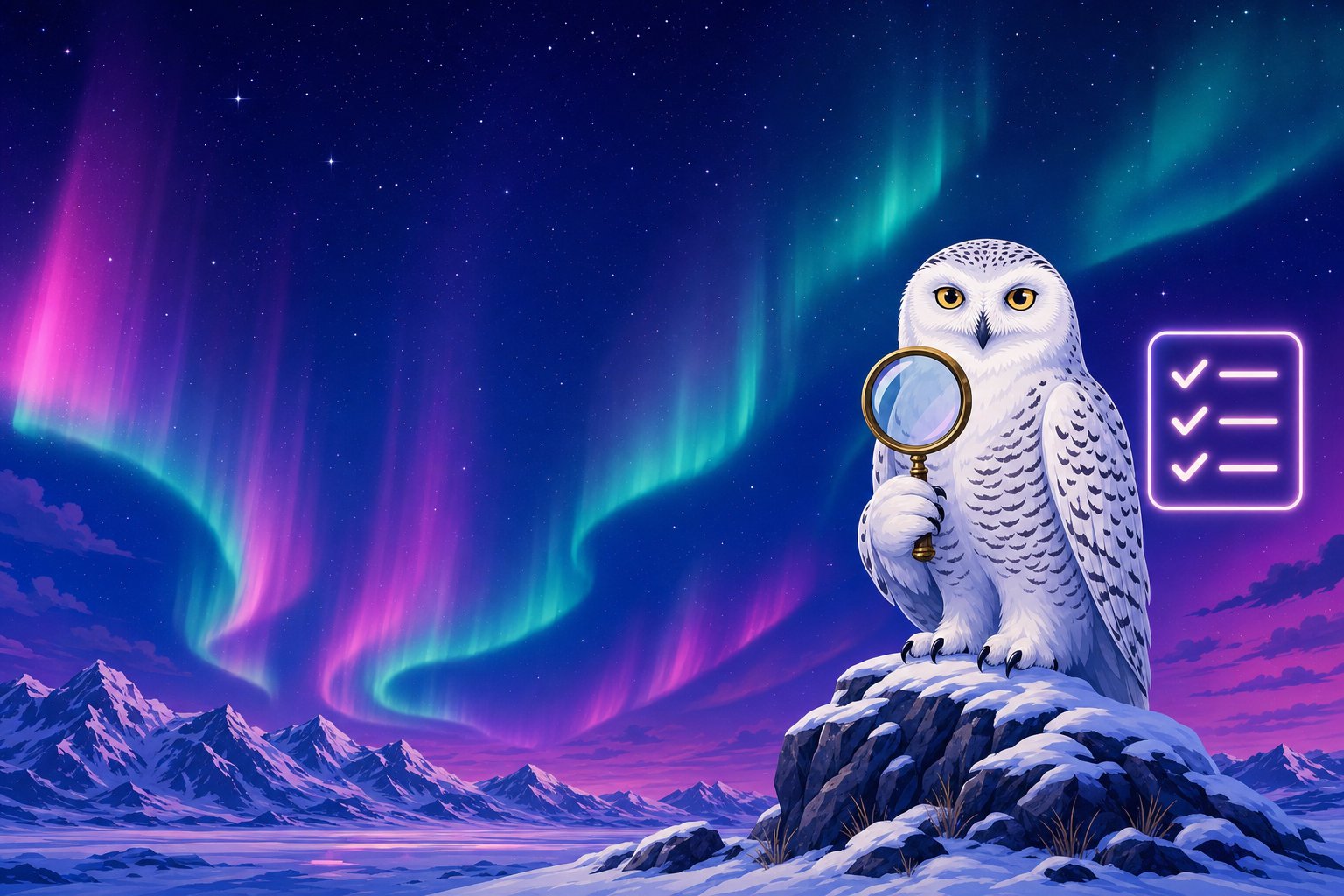 Illustration d'un harfang des neiges examinant une loupe et des icônes de liste de vérification lumineuses, représentant notre méthodologie