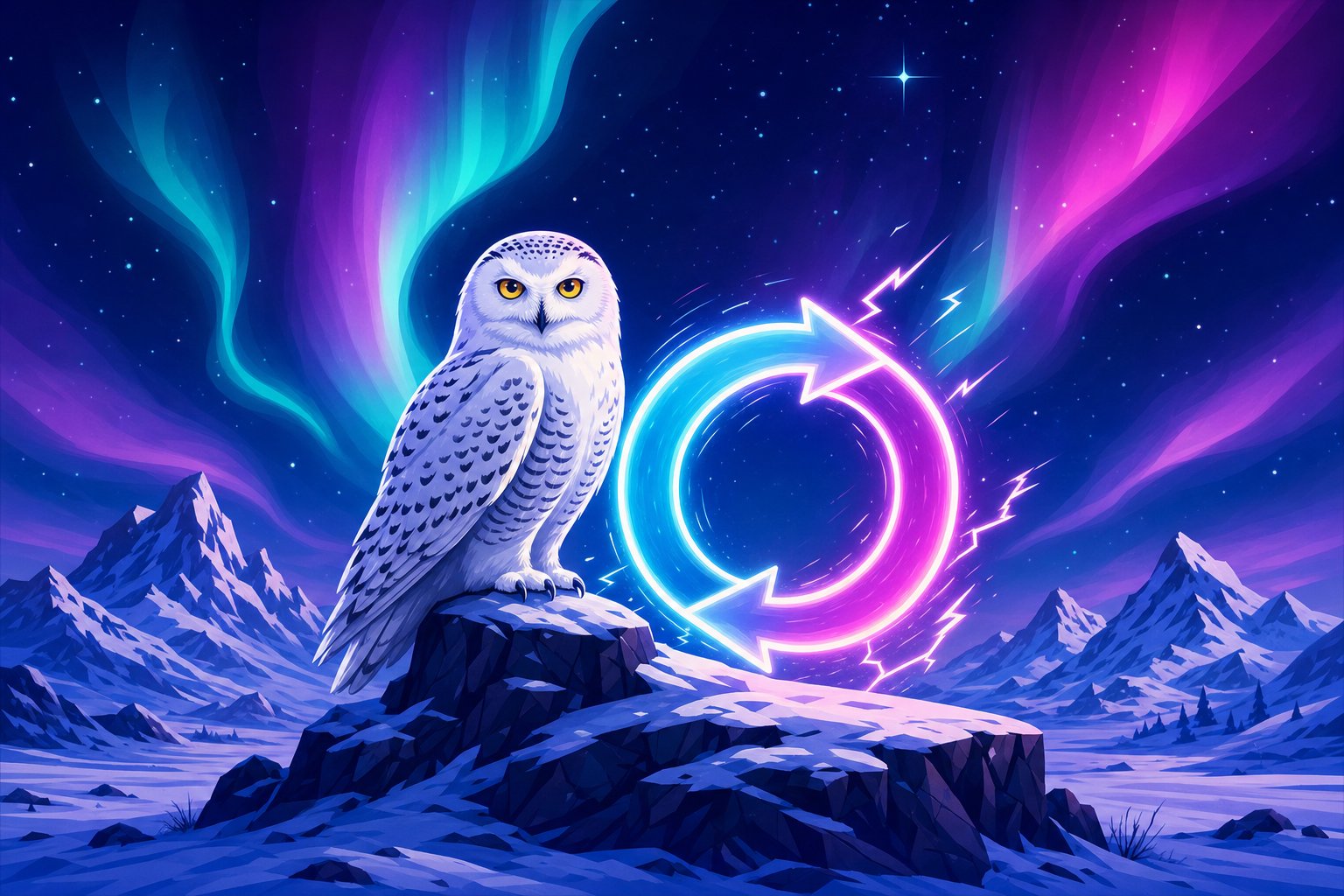 Illustration d'un harfang des neiges près d'une icône lumineuse de transfert rapide avec des éclairs, représentant les retraits Interac rapides