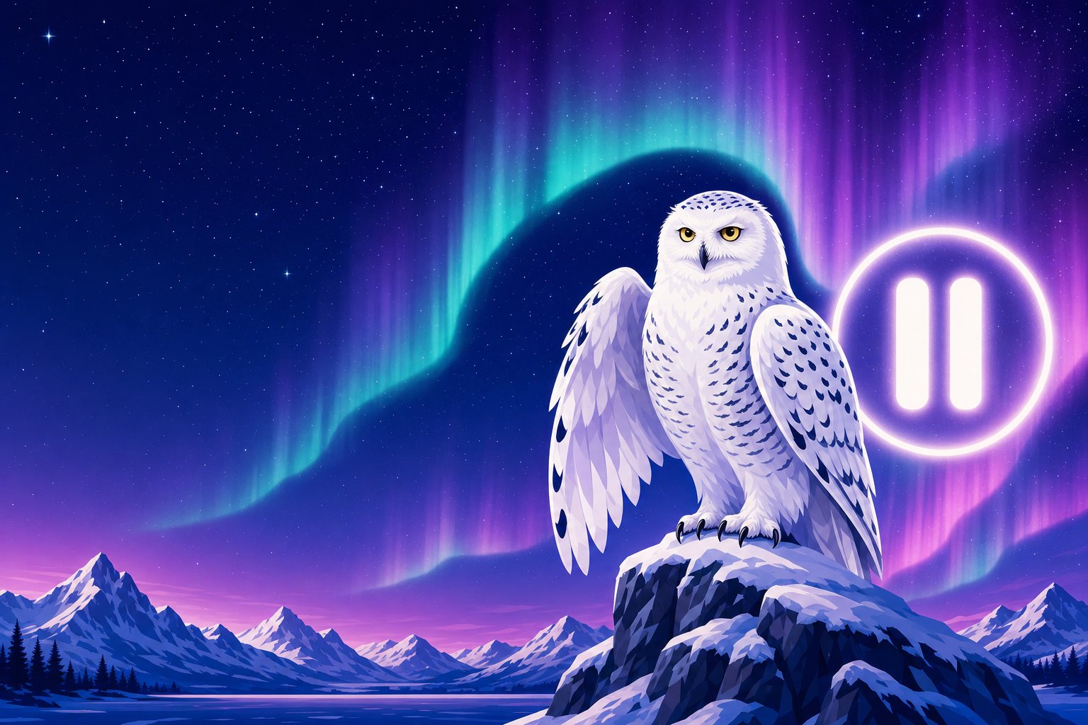 Illustration d'un harfang des neiges veillant près d'un symbole de pause lumineux, représentant le jeu responsable et le moment de s'arrêter