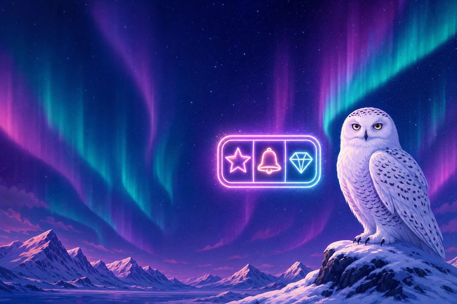 Illustration d'un harfang des neiges près d'une icône lumineuse de rouleau de machine à sous, représentant le guide des machines à sous