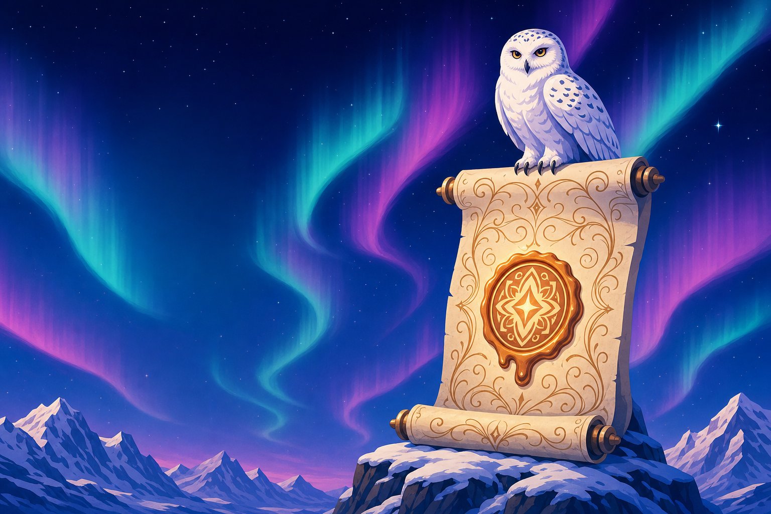 Illustration of a Snowy Owl perched on a large scroll with a glowing seal, representing the site's terms of use